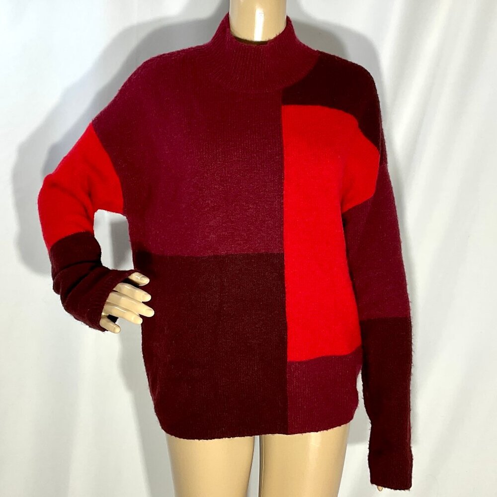 Cynthia Rowley XL Red Colorblock Sweater Womens Mock Turtleneck Wool Blend